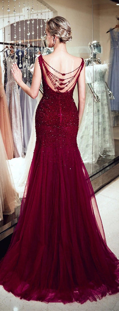 Red Sparkly Beaded Mermaid Sleeveless Tulle Sequin Backless Prom Dresses, FC1780