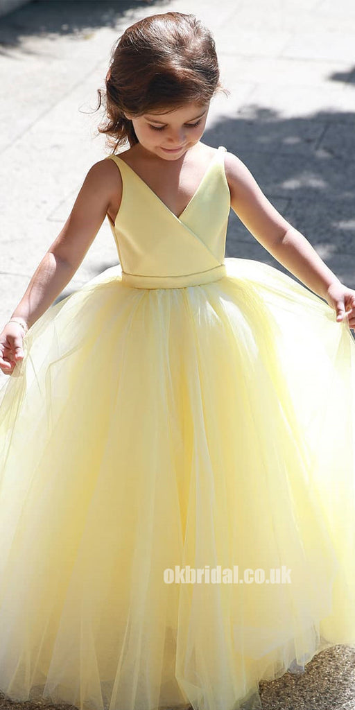 A-Line Tulle Yellow Flower Girl Dresses, Popular Satin Little Girl Dresses, FC1802