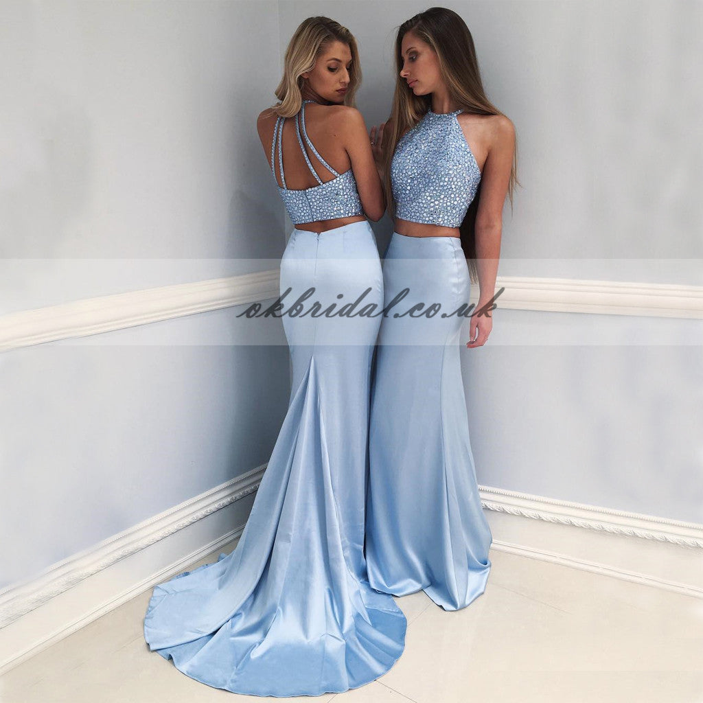 Two Pieces Mermaid Prom Dress, Beaded Satin Prom Dress, Sexy Backless Prom Dress, KX180