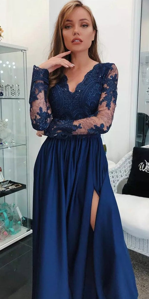 Charming Long Sleeve V-Neck Slit Lace A-line Applique Prom Dresses, FC1823