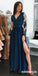 V-neck Long Sleeve Applique A-Line Slit Jersey Prom Dresses, FC1824