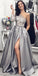 One-Shoulder Satin Long Sleeve A-Line Slit Applique Prom Dresses, FC1832