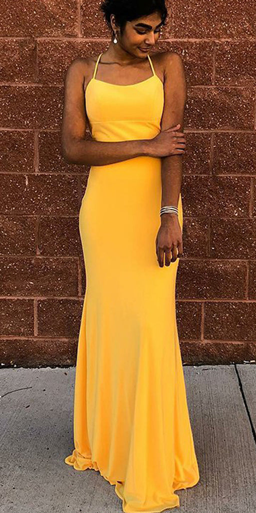 Bright Yellow Jersey Backless Sheath Simple Prom Dresses, FC1851