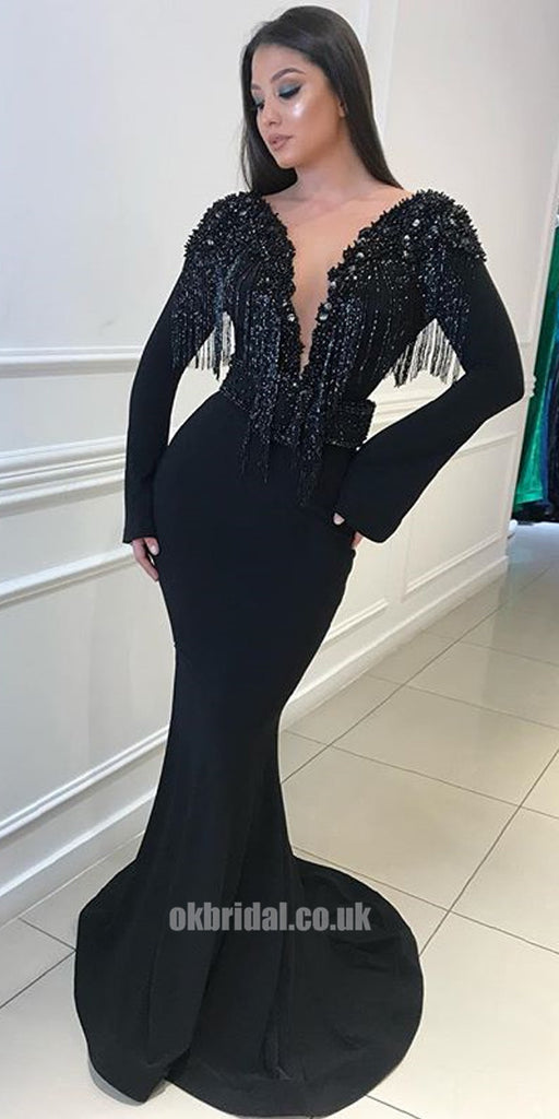 Black Tulle Long Sleeve Backless Jersey Mermaid Beaded Prom Dress, FC1890