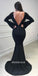 Black Tulle Long Sleeve Backless Jersey Mermaid Beaded Prom Dress, FC1890