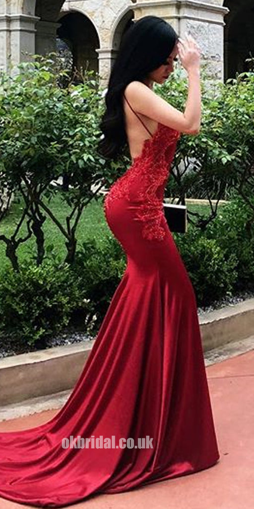 Sexy Mermaid Backless Straps Applique Red Prom Dress, FC1919