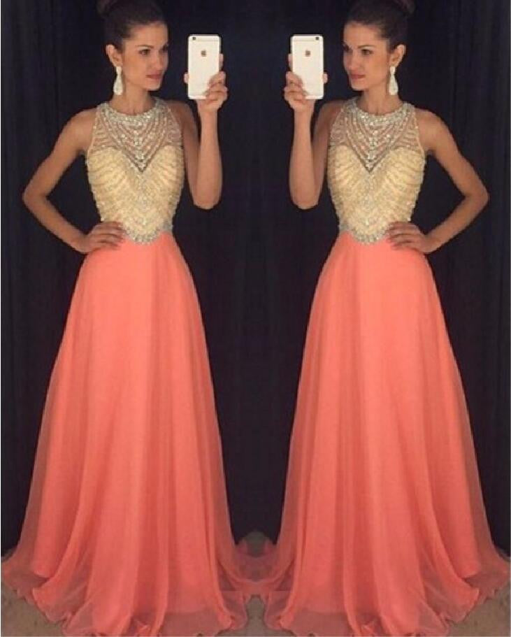 2017 Peach Halter Evening Prom Dresses, Long Beaded Party Prom Dress, Custom Long Prom Dresses, Cheap Formal Prom Dresses, 17068