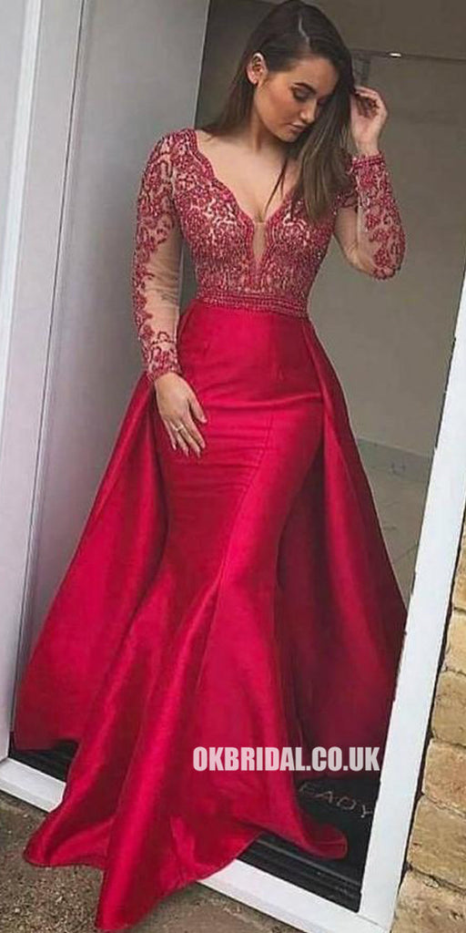 Red Long Sleeve Beaded Backless Deep V-neck Prom Dresses, FC1952