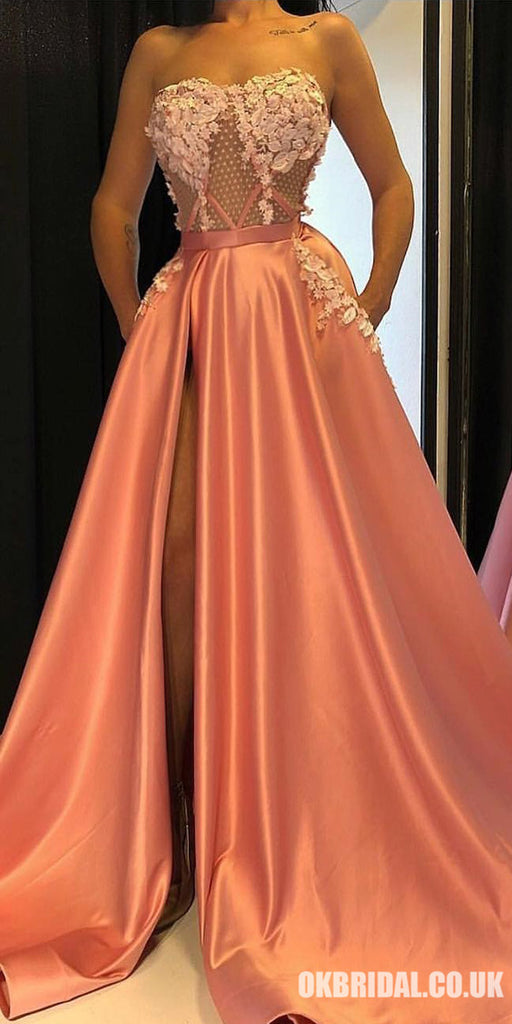 Charming Sweetheart A-Line Satin Backless Slit Applique Prom Dresses, FC2043