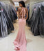 Pink Mermaid Sxey Backless Prom Dress, Applique Jersey Floor-Length Prom Dress, KX208