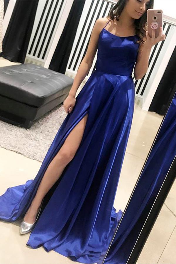 Royal Blue A-Line Sexy Slit Backless Long Elastic Satin Prom Dresses, FC215