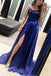 Royal Blue A-Line Sexy Slit Backless Long Elastic Satin Prom Dresses, FC215