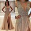 A-Line V-Neck Sleeveless Charming Tulle Side Split Beaded Backless Prom Dresses, 220043