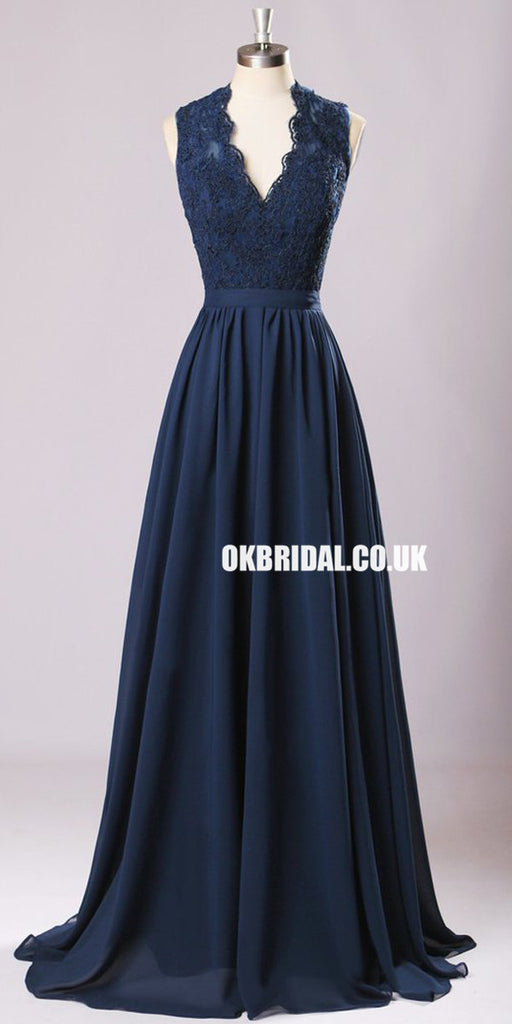 New Long Lace Top Bridesmaid Dresses, Navy Blue Chiffon Bridesmaid Dresses, 220062