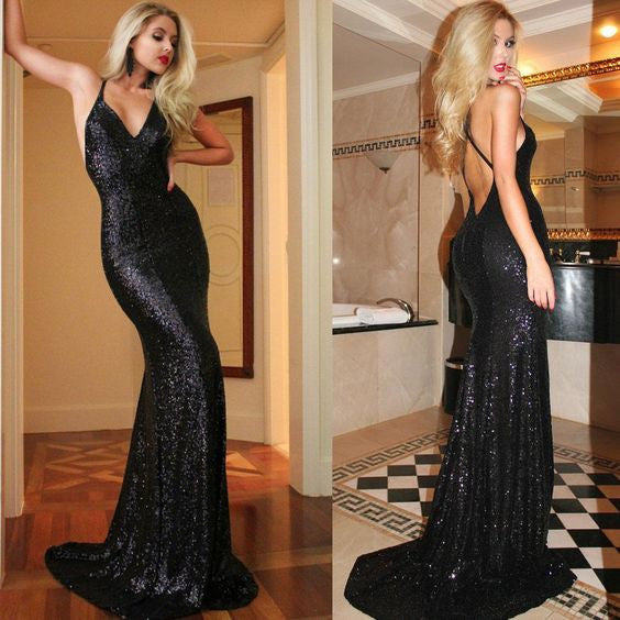 Black Sequin Mermaid Evening Prom Dresses, Sparkly Sexy Backless Party Prom Dress, Custom Long Prom Dresses, Cheap Formal Prom Dresses, 17083