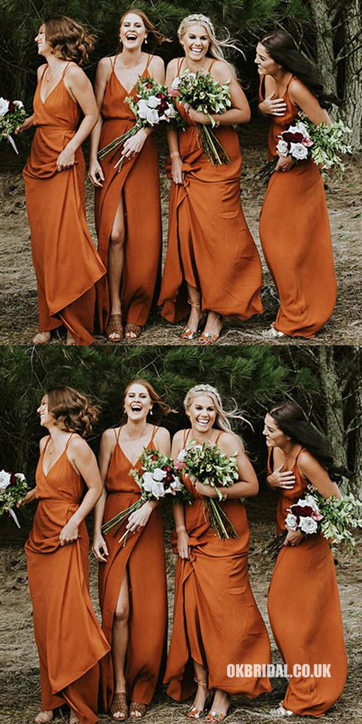 Caramel A-line Spaghetti Straps V-neck Backless Slit Bridesmaid Dress, FC2244