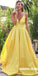 Yellow Spaghetti Straps A-line Deep V-neck Backless Satin Long Prom Dresses, FC2299