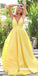 Yellow Spaghetti Straps A-line Deep V-neck Backless Satin Long Prom Dresses, FC2299