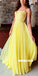 Yellow Spaghetti Straps A-line Backless Chiffon Sequin Prom Dresses, FC2402