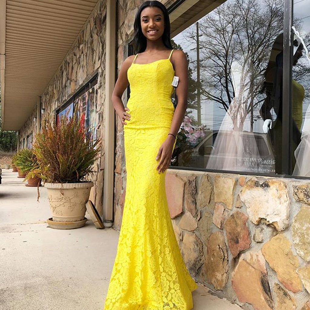 Spaghetti Straps Yellow Mermaid Lace Backless Prom Dresses, FC2439