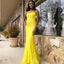 Spaghetti Straps Yellow Mermaid Lace Backless Prom Dresses, FC2439