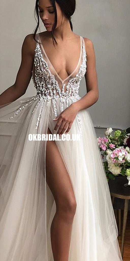 Charming A-Line Sleeveless Tulle Beaded Slit Backless Prom Dresses, FC2448