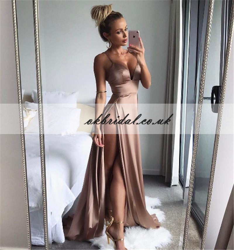 Sexy V-Neck Slit Prom Dress, Spaghetti Straps Elastic Satin Prom Dress, KX244