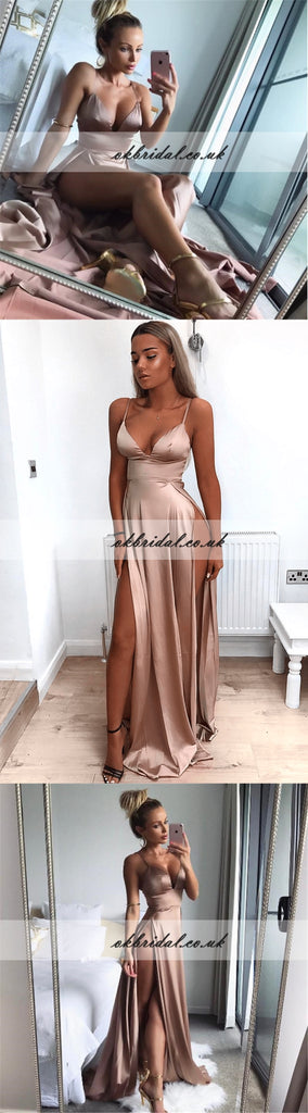 Sexy V-Neck Slit Prom Dress, Spaghetti Straps Elastic Satin Prom Dress, KX244