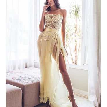 Charming Tulle Slit Backless Lace Sexy Prom Dresses, FC2540