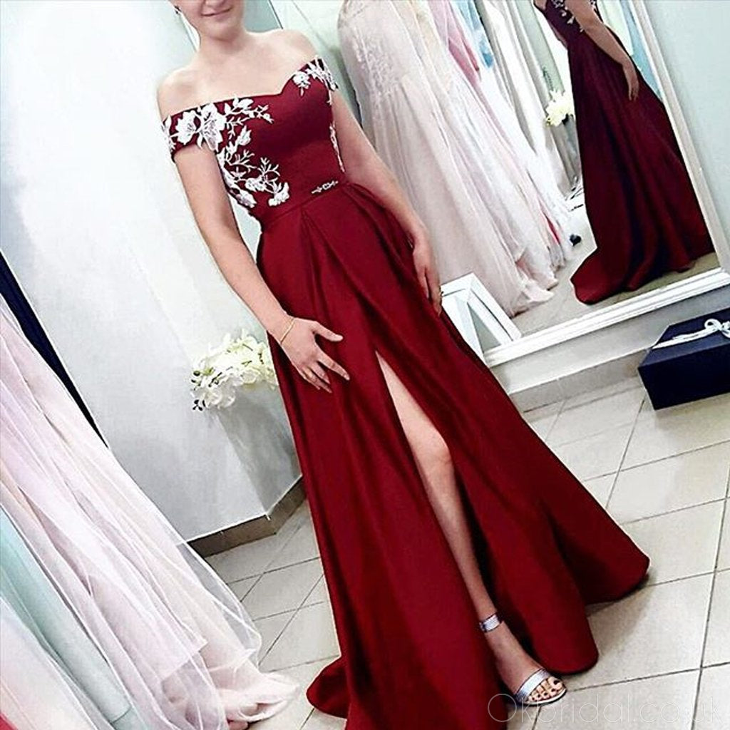 Off Shoulder A-line Satin Slit Applique Prom Dress, FC2545