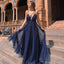 Navy A-line Sparkly Deep V-neck Backless Tulle Charming Prom Dress, FC2550