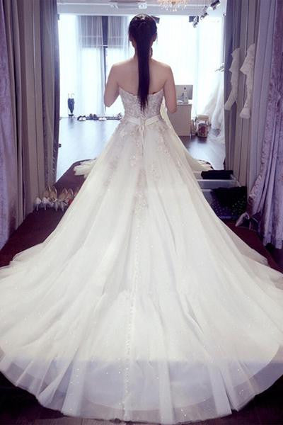 A Line Lace Crystal A line  Luxurious Long Custom Wedding Gowns, Affordable Bridal Dresses, 17112