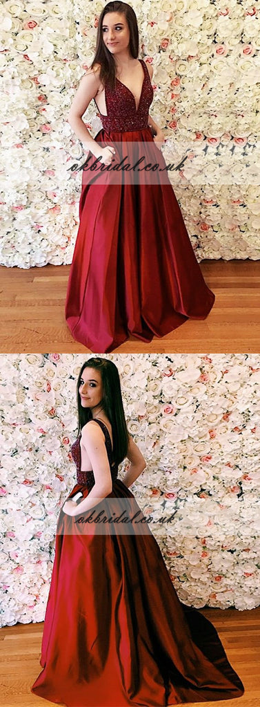 Charming Satin A-Line Prom Dresses, Beaded Backless Floor-Length Prom Dresses Online, KX273