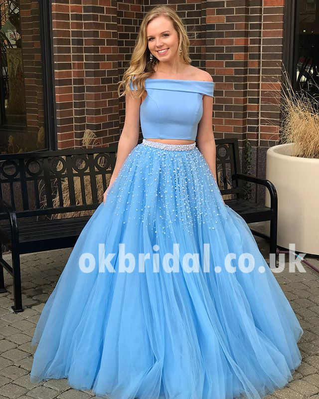 Two Pieces Off Shoulder Prom Dress, Blue A-Line Beaded Prom Dress, KX623