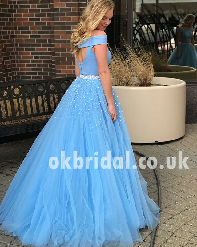 Two Pieces Off Shoulder Prom Dress, Blue A-Line Beaded Prom Dress, KX623