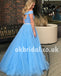 Two Pieces Off Shoulder Prom Dress, Blue A-Line Beaded Prom Dress, KX623