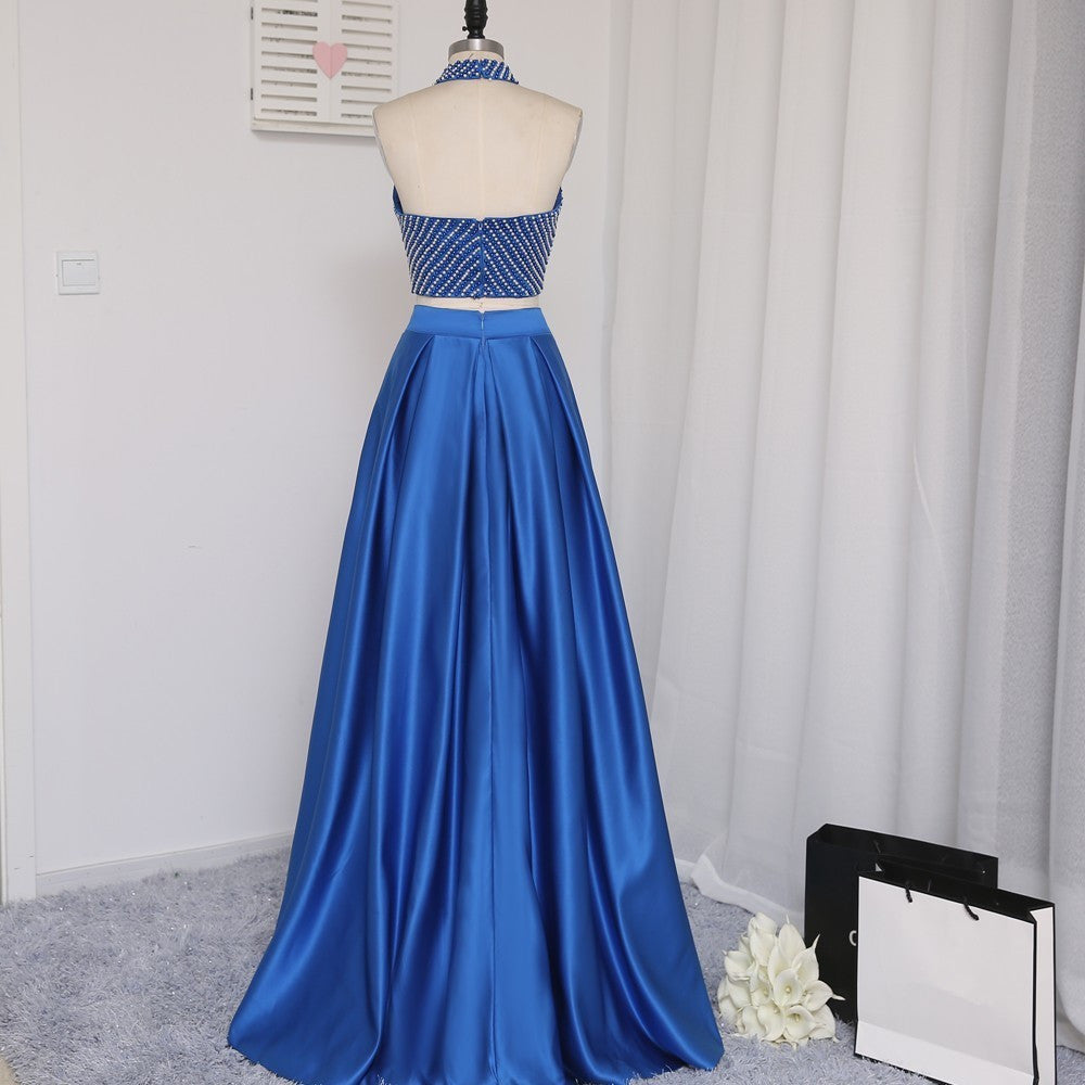 Long Prom Dress, Satin Prom Dress, Two Pieces Prom Dress, Dress for Party, Beading Prom Dress, Side Split Prom Dress, A-line High Collar Prom Dress, LB0282