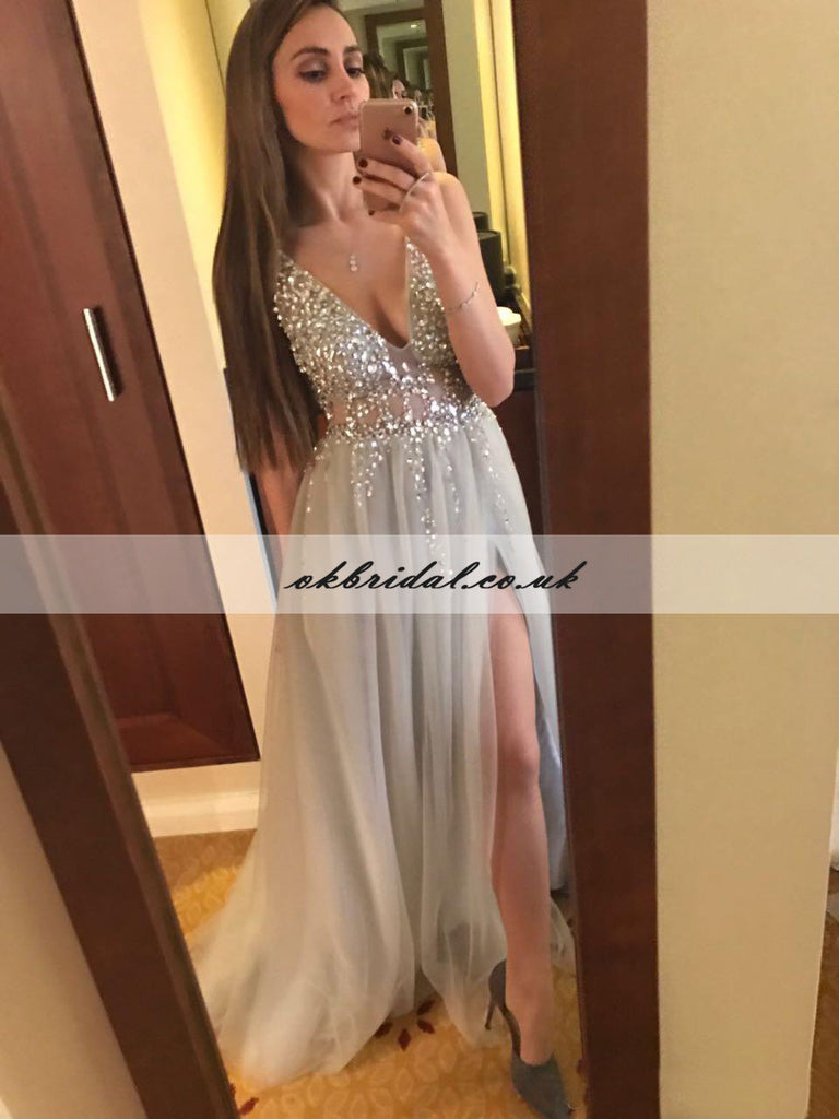 Sexy V-Neck Backless Prom Dress, Tulle Beaded A-Line Prom Dress, slit Prom Dress, KX289-1