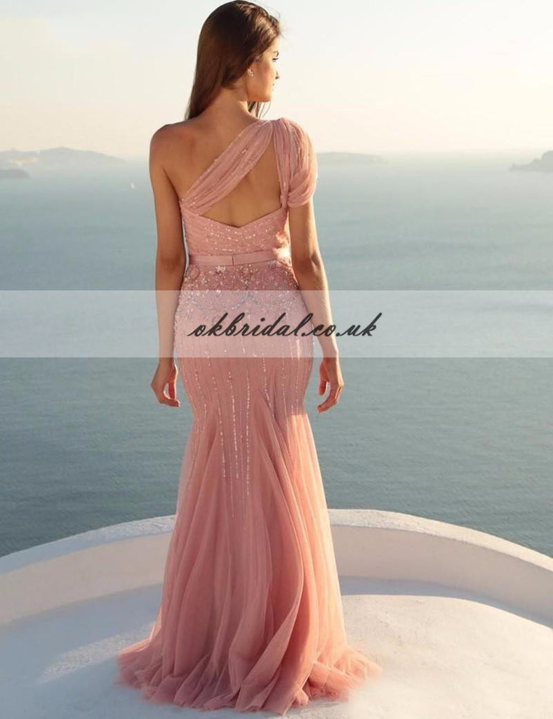 One Shoulder Tulle Prom Dress, Beaded Prom Dress, Mermaid Prom Dress, KX328