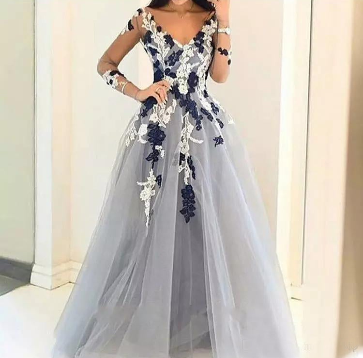 Elegant A-Line Tulle Long Sleeve Prom Dress, V-Neck Applique Floor-Length Prom Dress, KX343