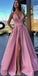 Different Colors A-line Satin Sleeveless Spaghetti Straps Slit Prom Dress, FC3758