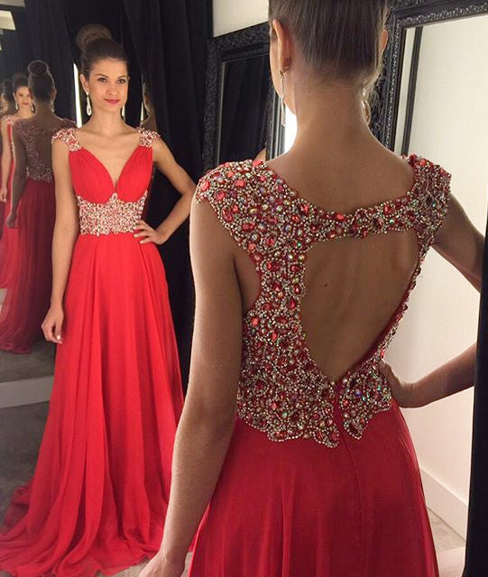 Red Chiffon A-Line Sleeveless Open-Back Beaded Prom Dress, FC375