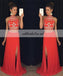 Two Pieces Open-Back Beaded Prom Dress, Red Jersey Slit Prom Dress, KX381