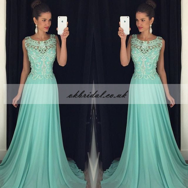 Round Neckline Applique Beaded Prom Dress, A-Line Chiffon Prom Dress, KX382