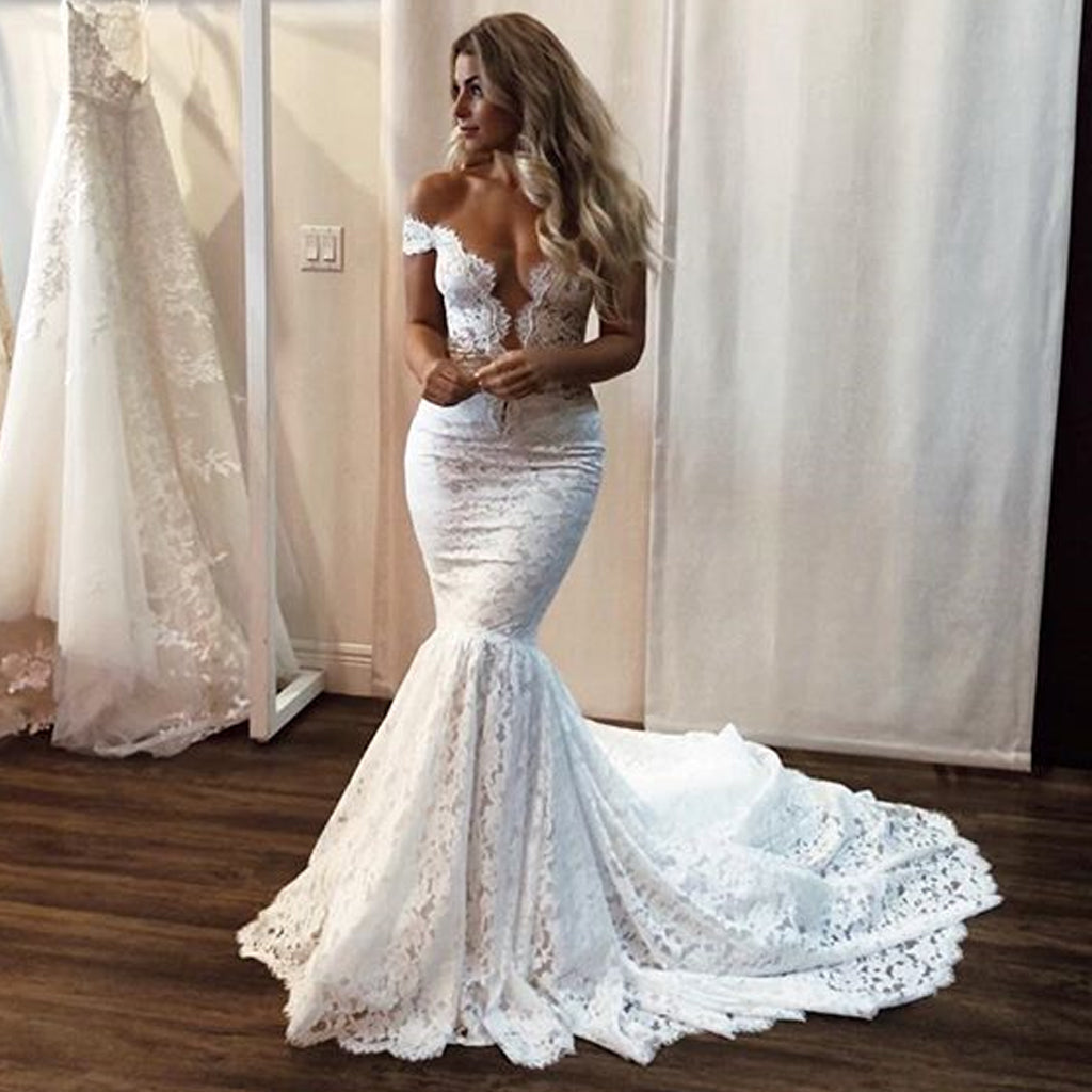 Popular Lace Off Shoulder Sexy Mermaid Wedding Dresses, FC3864