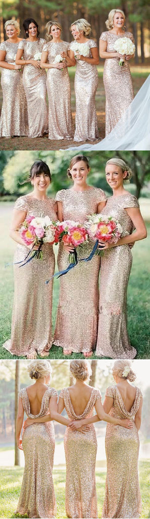 Gold Sequin Mermaid Long Bridesmaid Dresses, BD001