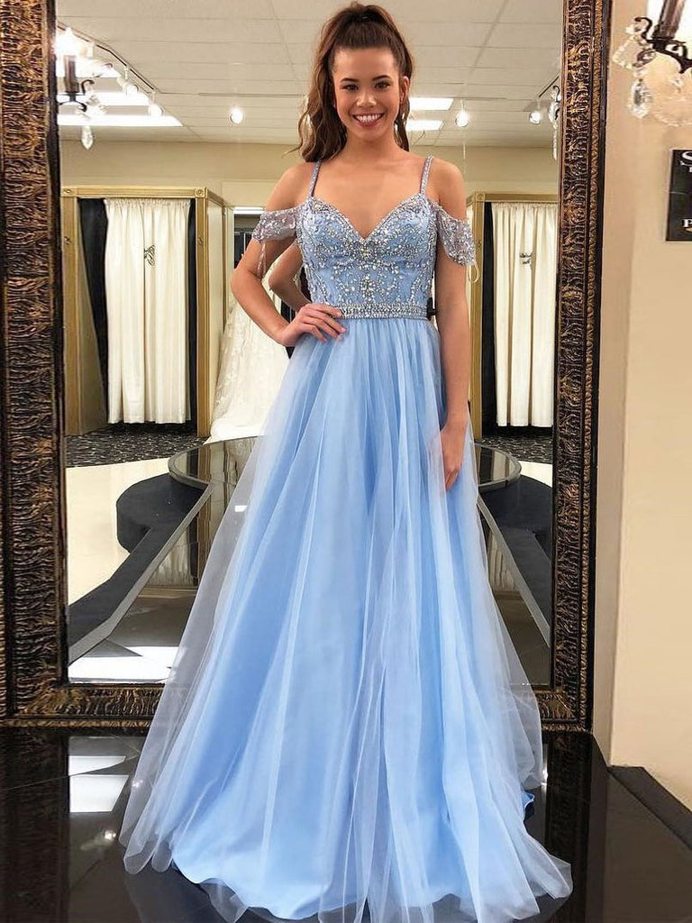 Hot Sale Beaded A-Line Prom Dress, Blue Tulle Elegant Prom Dresses, KX400