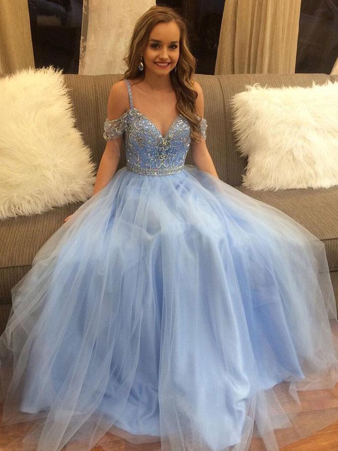 Hot Sale Beaded A-Line Prom Dress, Blue Tulle Elegant Prom Dresses, KX400