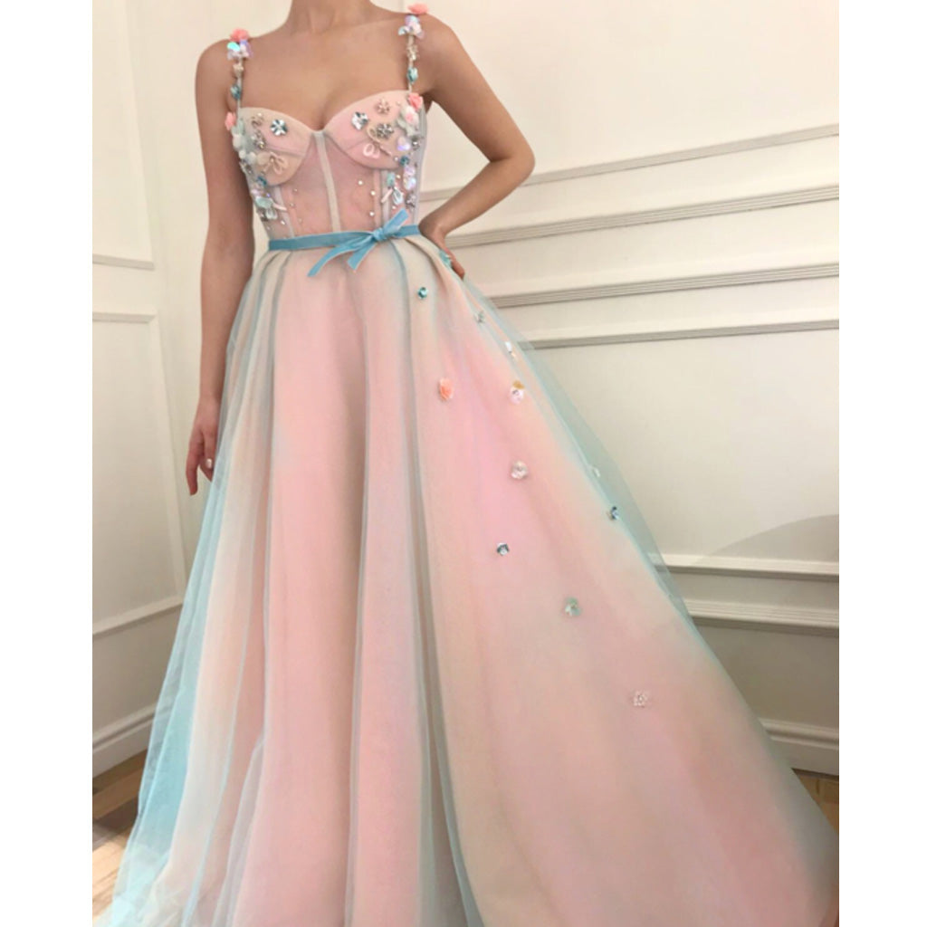 Princess Applique A-Line Spaghetti Straps Tulle Charming Prom Dress, FC425