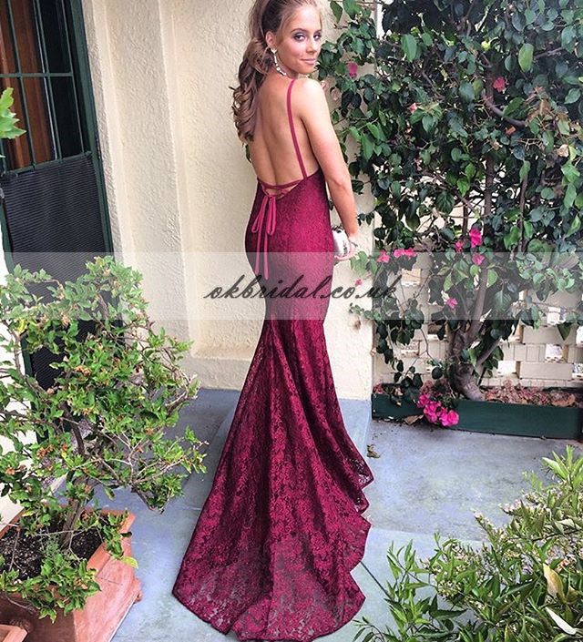 Sexy V-Neck Backless Prom Dress, Spaghetti Straps Lace Prom Dress, KX427